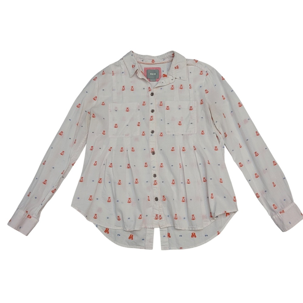 Maeve Anthropologie Womens 8 Button Down Shirt White Orange Teepee Print Pleated